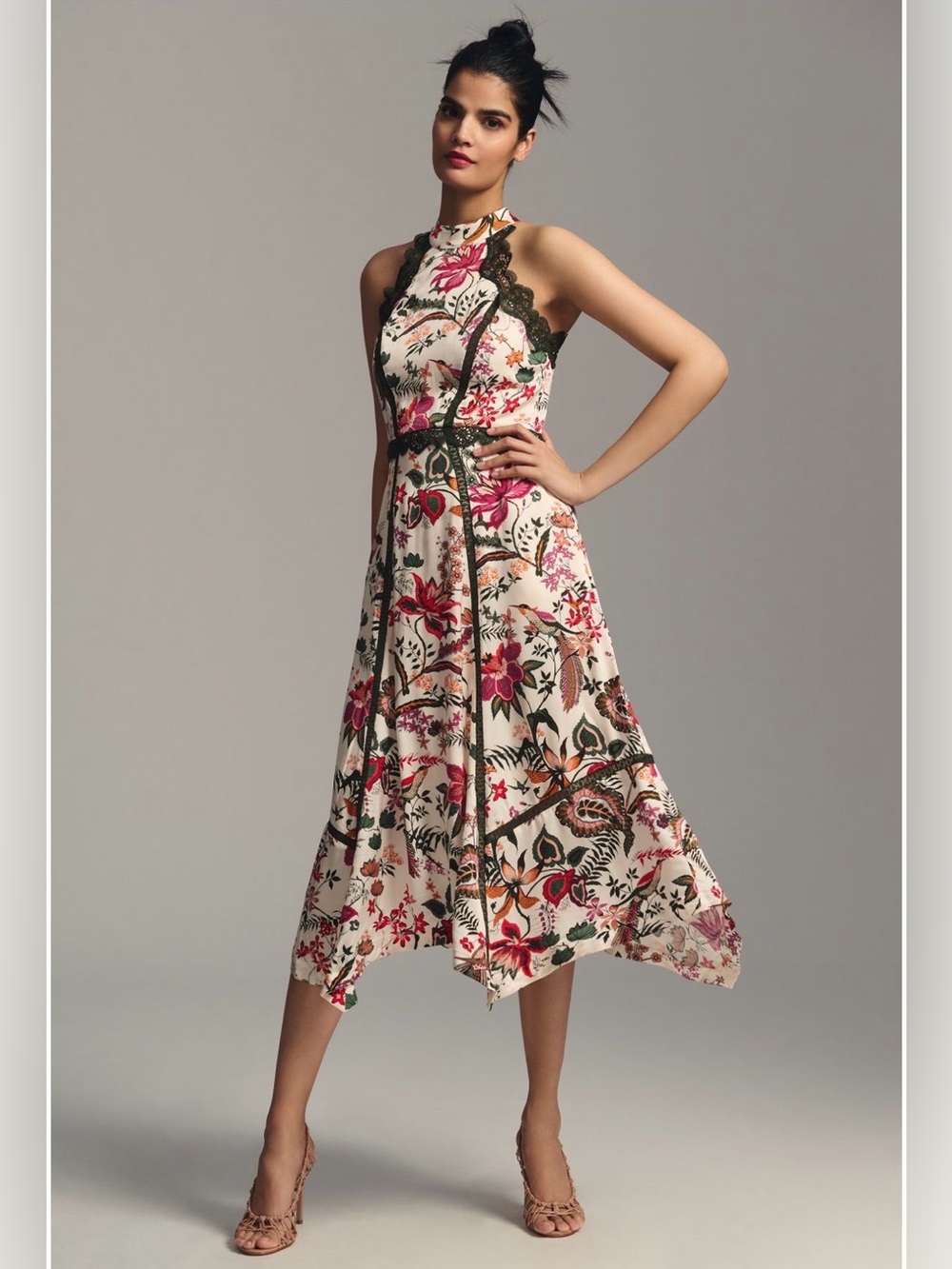 Anthropologie Floral Lace Halter Midi Dress Cream Bird Print | Size 0